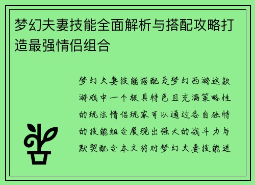 梦幻夫妻技能全面解析与搭配攻略打造最强情侣组合