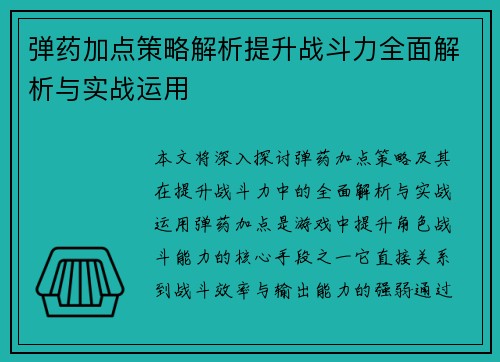 弹药加点策略解析提升战斗力全面解析与实战运用